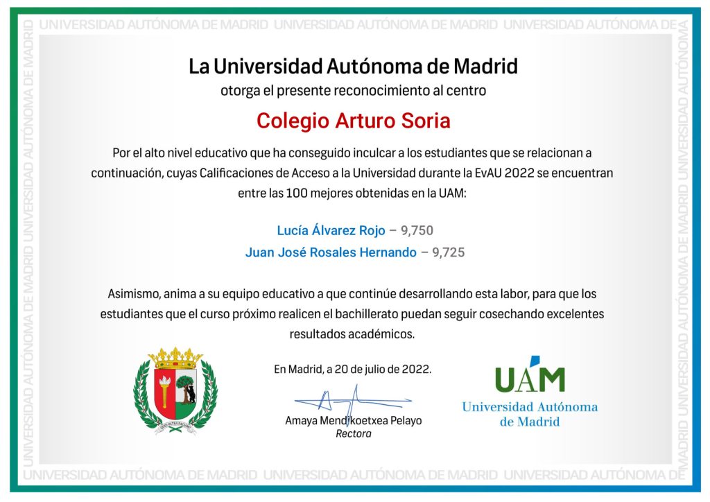 Diploma Colegio Arturo Soria EvAU 2022